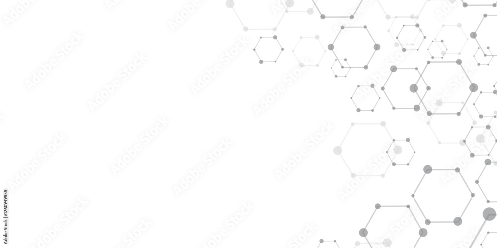 Poster Molecular structure abstract tech background. Geometric white background. Vector banner design with hexagons. Science network pattern, connecting lines and dots Medical background, Vector illustration