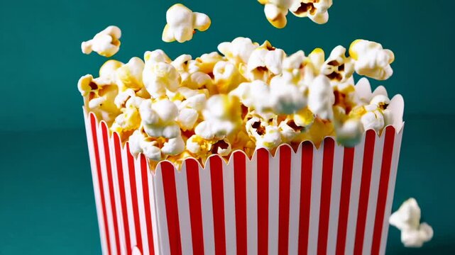 Popcorn exploding from a red and white striped cardboard container on a turquoise background, captured in a slow motion sequence perfect for cinema and entertainment themes