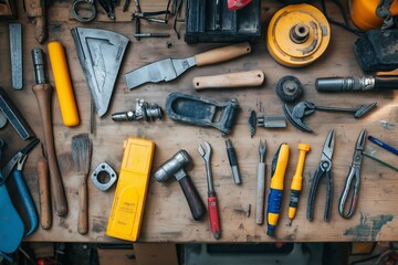 Tools arranged on wooden surface showcasing home renovation design process, planning. Concept highlights importance of planning in effective home renovation design process
