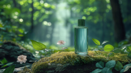Luxury Perfume Bottle on Moss in Sunlit Forest &ndash; Organic Beauty Concept  