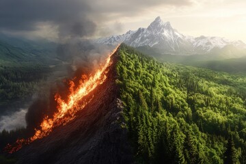 Vivid scene of mountain split between wildfire destruction and thriving green forest.