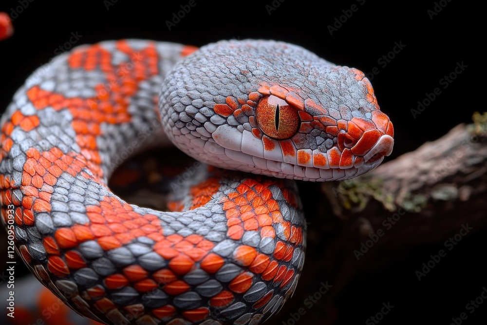 Poster colorful snake curled on a branch in a dark habitat showcasing vibrant scales and an intense gaze du