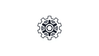 A minimalistic black and white gear icon representing technology, mechanics, and industrial engineering on a plain background.