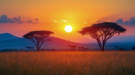 Obraz premium Sunset over savanna with acacia trees silhouetted against a colorful sky