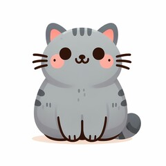 Fototapeta premium Cute gray striped cartoon cat with large eyes and rosy cheeks, sitting happily.