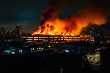 Fototapeta premium Dramatic nighttime image of building engulfed in flames with city lights backdrop.