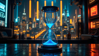 hourglass filled with blue energy, placed in a hacker’s lair, glowing neon lines pulsing across the futuristic city skyline, ultra