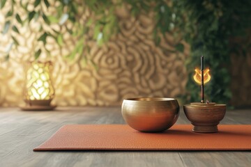 Tranquil meditation scene with singing bowl, burning incense, and warm lamp ambiance