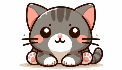 Obraz premium Cute gray striped kitten with big eyes and rosy cheeks, sitting adorably on a white background.