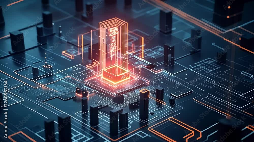 Poster glowing quantum computer processing data, transmitting information through complex circuitry structu