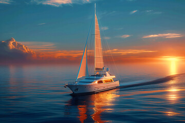 Fototapeta premium A yacht with white sails sails on the open sea at sunset