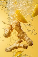Ginger Roots and Lemon Peels Plunging into Effervescent Yellow Water with Crisp Bubble Details