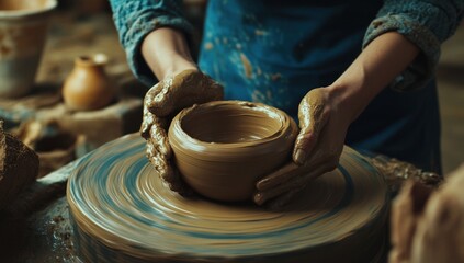Crafting Clay: A Potter's Hands Shaping a Bowl on a Spinning Wheel
