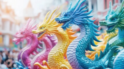 Obraz premium Colorful Dragon Statues: A vibrant array of colorful dragon statues, each adorned with intricate details and shimmering scales, stands proudly in a festive setting. The dragons, in hues of pink.