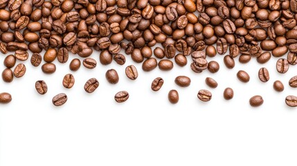 Obraz premium Scattered roasted coffee beans on a white background with copy space for commercial advertising and branding