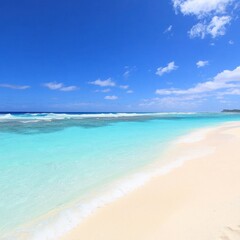 Tranquil beach scene with soft white sand, clear turquoise water under a bright blue sky and gentle waves lapping on the shore in a tropical paradise