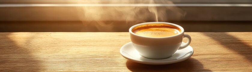 Aromatic coffee cup on rustic wooden table, warm and cozy vibes for your morning brew