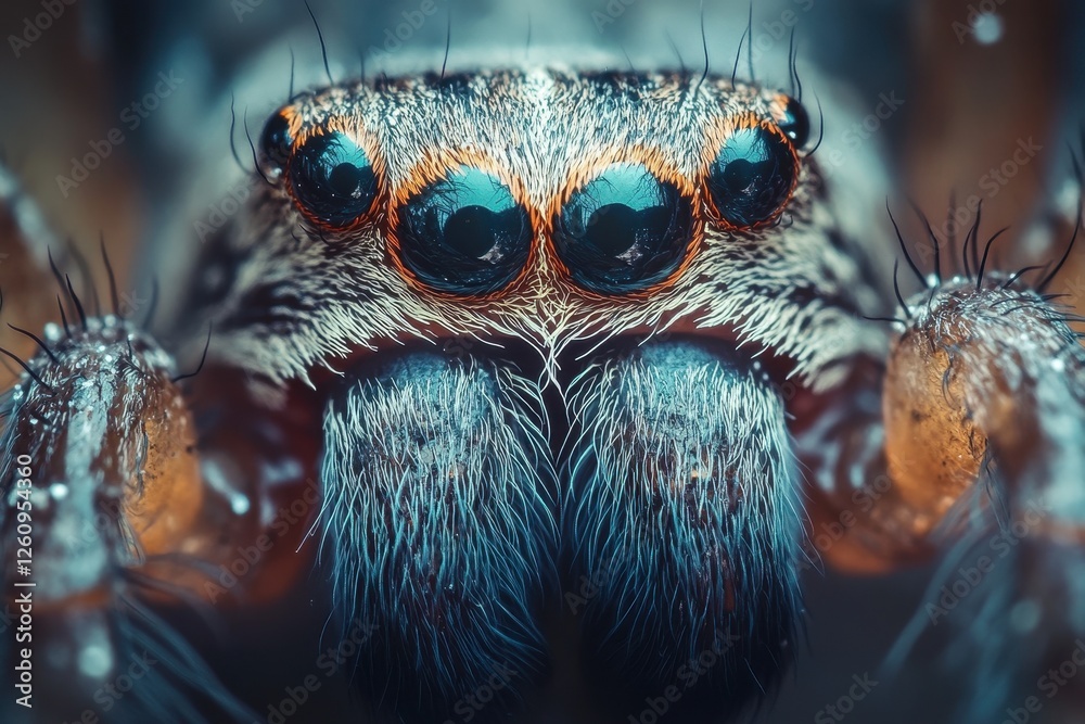 Poster Large close-up view of a spider highlighting its intricate anatomy and textured surface in natural light, showcasing its eyes and fine hairs during daytime