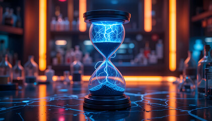 hourglass infused with liquid electricity, neon energy pulses replacing sand, placed on a futuristic lab table, deep cyberpunk lighting, ultra