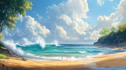 Turquoise waves meet sandy shore beneath a sky full of billowy clouds