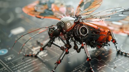 Fototapeta premium High-Detail Close-Up of a Futuristic Insect Robot Design with Vibrant Colors and Intricate Mechanical Features Set Against a Technology Blueprint Background