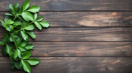 Vibrant green leaves on rustic wooden table, natural background for design and inspiration