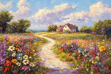 Peaceful countryside road lined with colorful wildflowers, leading to a distant cottage.