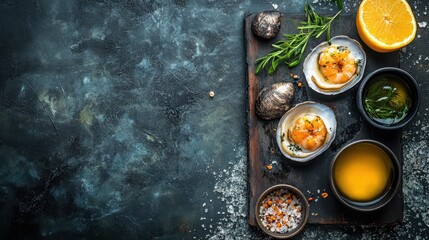 Wooden cutting board display of fresh food ingredients for healthy meal preparation