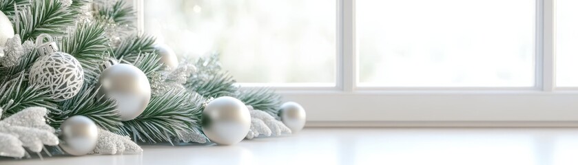 white christmas dream, serene winter wonderland decorated with elegant ornaments and festive white balls