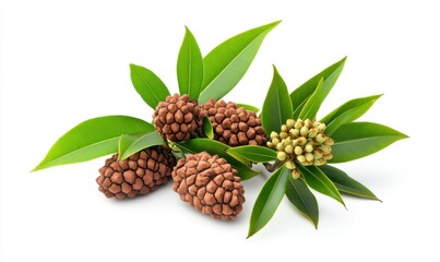 Brown fruit and green leaves on white background, ideal for food or nature websites