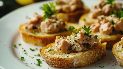 bruschetta with tuna pate, fish rillettes on a white plate , selective focus, close-up