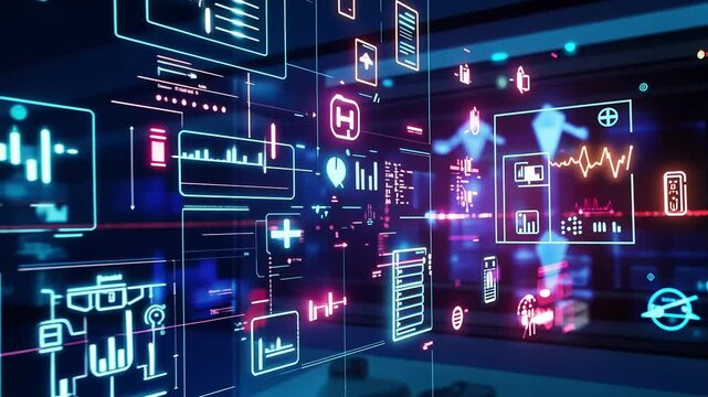 A floating hologram featuring various health insurance options and coverage plans aiming to educate residents about accessibility and affordability of healthcare.