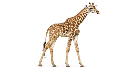 Fototapeta premium Young giraffe walking, white background, wildlife