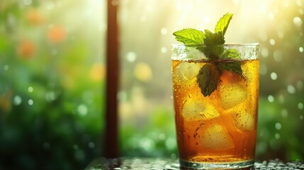 glass of refreshing iced tea infused with fresh mint leaves. refreshing