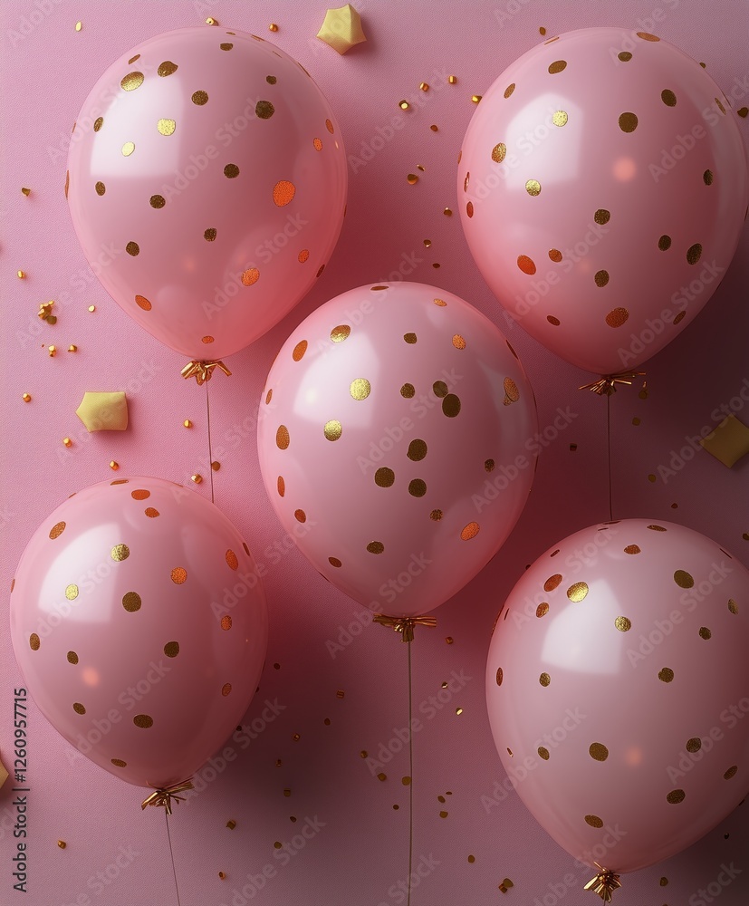 Wall mural Decorative pink balloons with gold dots on a light background for festive celebrations