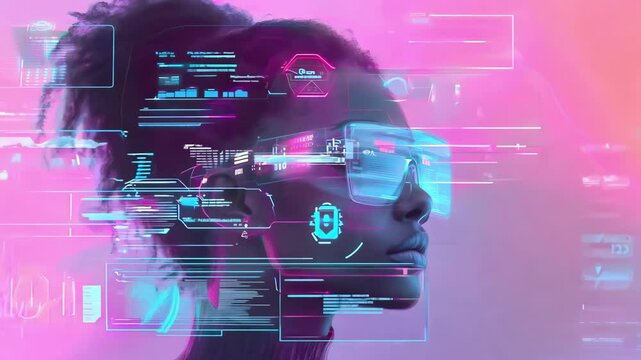 Futuristic ai interface with augmented reality holograms on woman's vr visor display
