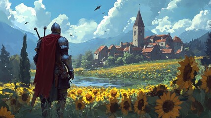 Knight surveys village, sunflower field