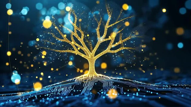 Golden glowing tree growing from futuristic microchip and circuit board soil with digital data particles floating around in dark blue environment