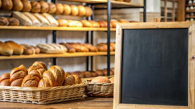 Blackboard standing on a wooden table in a bakery. Mockup for your business.