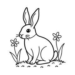Obraz premium Line art of a rabbit sitting in a patch of grass vector art illustration.eps