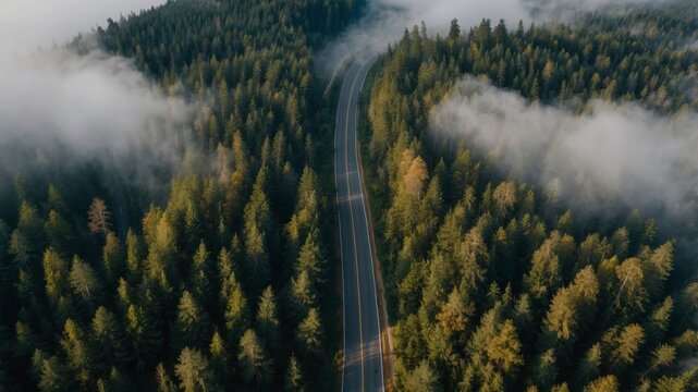 Aerial view of a scenic road winding through a dense evergreen forest embraced by soft fog.
