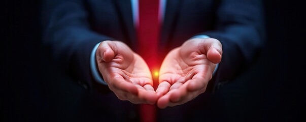 A businessman holds a glowing light in his hands symbolizing hope.