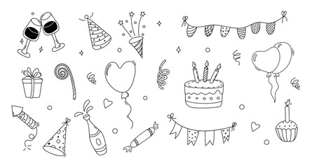 Fototapeta premium doodle birthday elements, including a cake, balloons, and festive decorations. Perfect for party invitations, greeting cards, celebrations, and event designs.