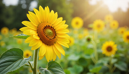 Fototapeta premium Vibrant sunflower standing tall in lush garden, summer beauty