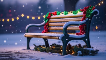 A snow-covered park bench adorned with Christmas lights and garlands glows in the winter evening.