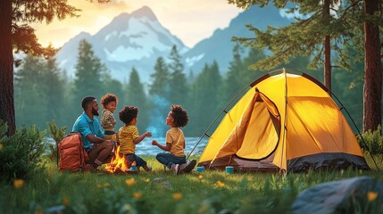 outdoor camping adventure with african american family and asian adopted child, relaxing near a tent in the forest, smiling and enjoying a joyful vacation
