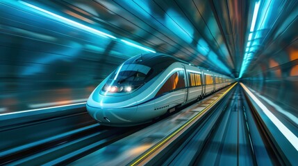 Fototapeta premium High-Speed Train Traveling Through a Futuristic Technology Tunnel with Dynamic Lighting and Motion Blur Effects