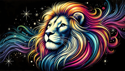 Colorful lion illustration with vibrant mane and cosmic background, showcasing strength and beauty.