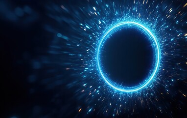 A glowing blue circular portal surrounded by dynamic particles against a dark background, evoking a sense of depth and motion.