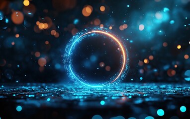 A glowing circle surrounded by shimmering particles in a dark blue background, creating a mystical and enchanting visual effect.